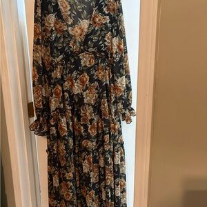 Black Floral Tiered Long-Sleeve Maxi Dress